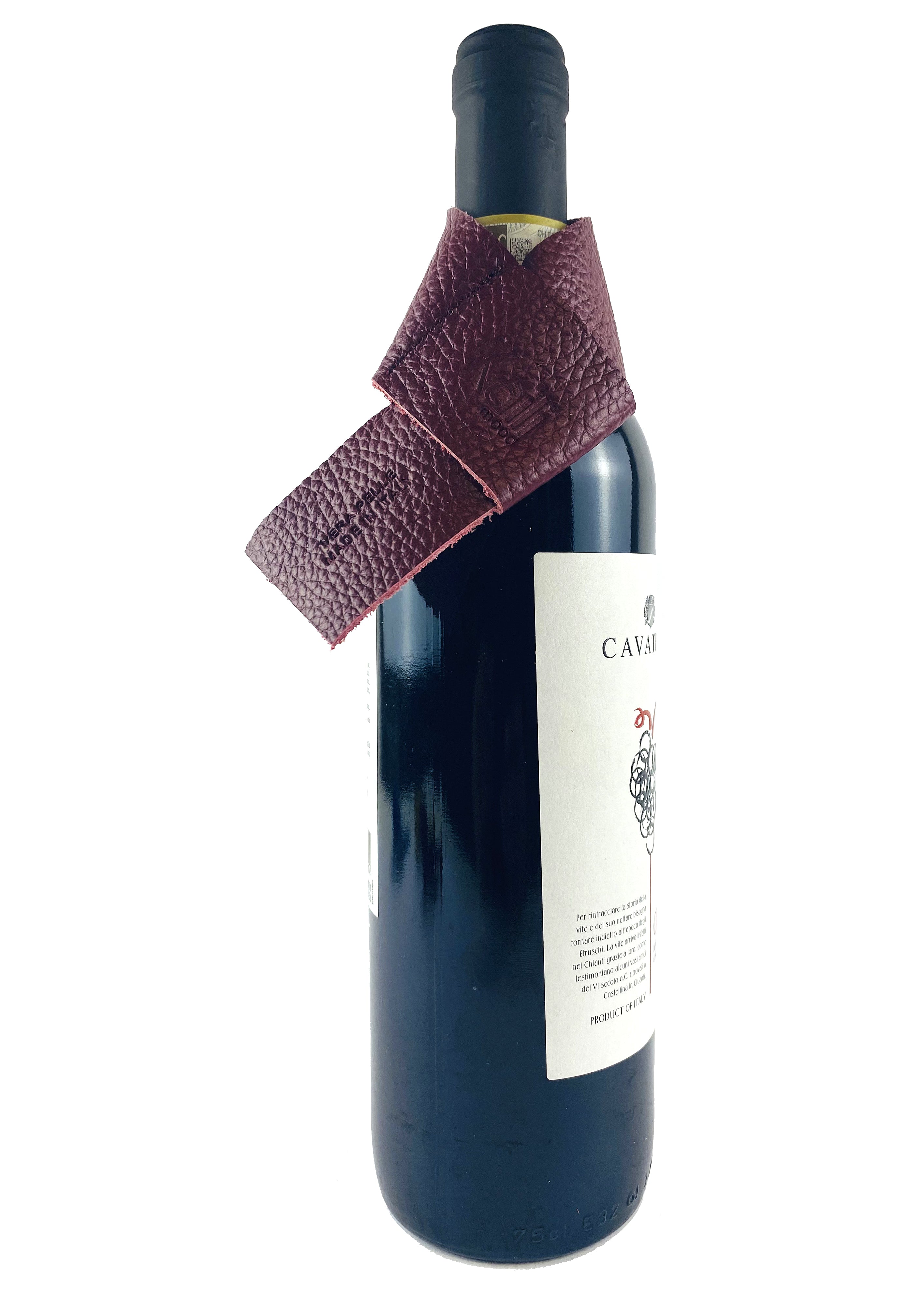 K0010XB | Bottle saver Made in Italy from genuine full grain leather, dollar grain - Bordeaux color. Dimensions: 27 x 4 x 0.5 cm.  Packaging: rigid bottom/cover Gift Box