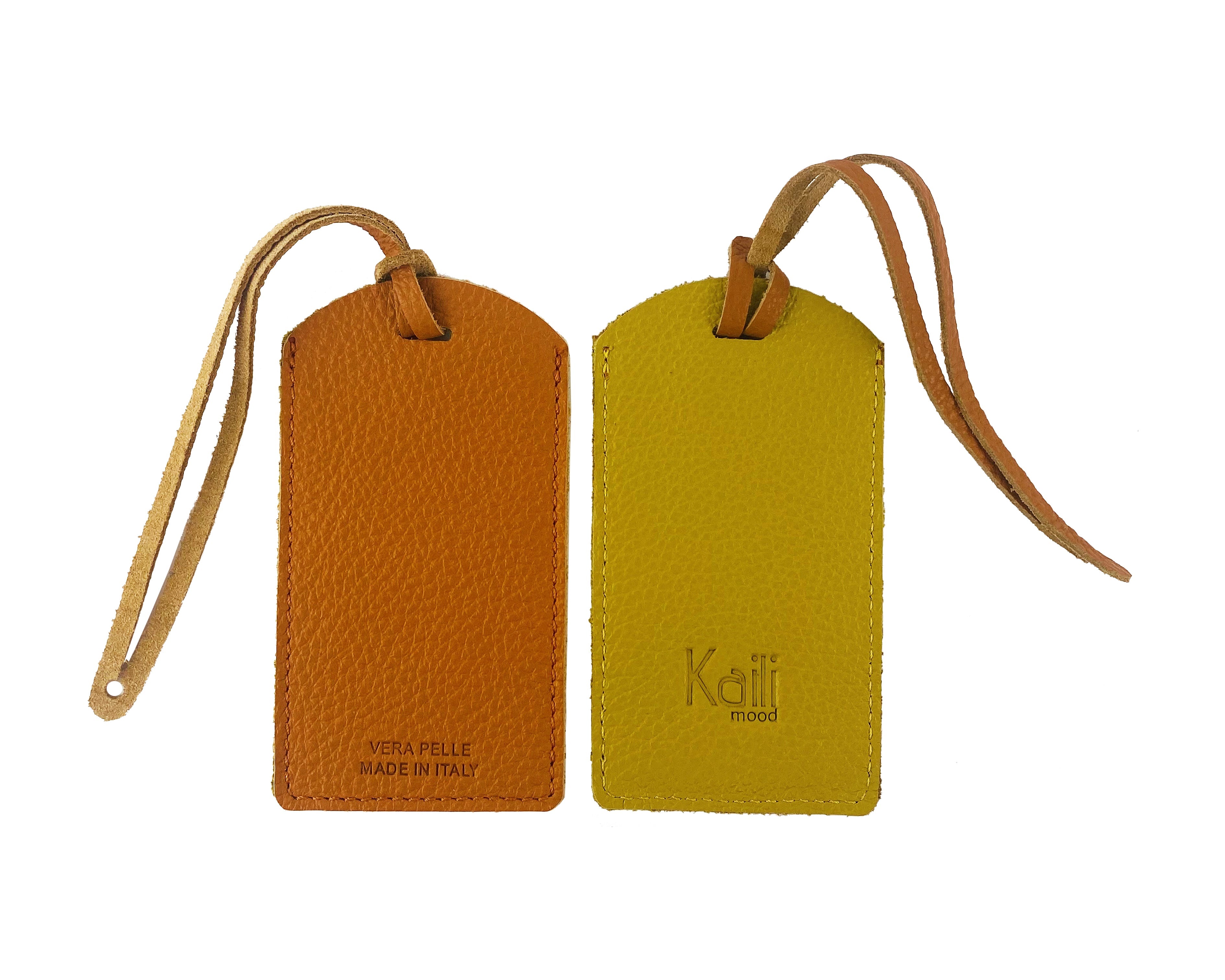 K0041LRB | Two-tone Made in Italy luggage tag in full grain genuine leather, dollar grain - Color Orange/Yellow - Size: 6.5 x 12 cm - Packaging: Hard bottom/cover Gift Box