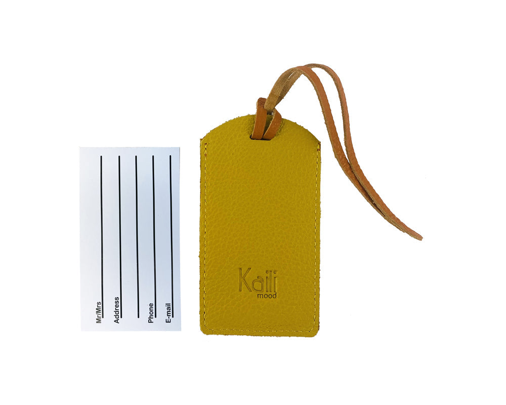 K0041LRB | Two-tone Made in Italy luggage tag in full grain genuine leather, dollar grain - Color Orange/Yellow - Size: 6.5 x 12 cm - Packaging: Hard bottom/cover Gift Box