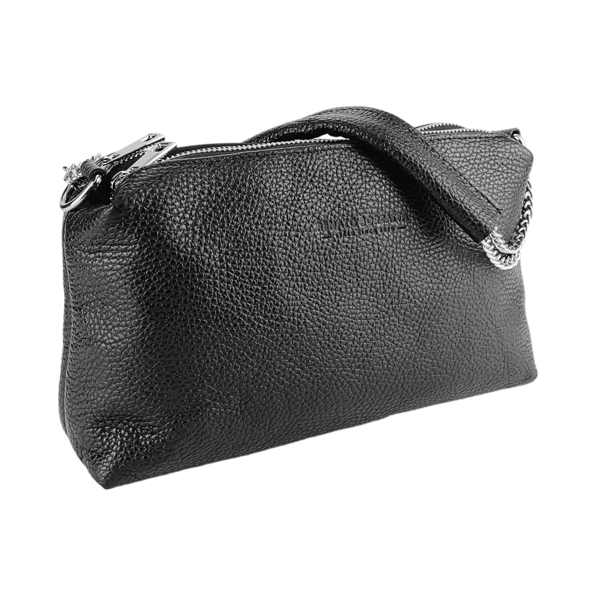 RB1025A | Women's Hand Bag with double zipper in Genuine Leather Made in Italy. Adjustable leather shoulder strap. Shiny Nickel hardware - Black color - Dimensions: cm 26 x 14 x 9