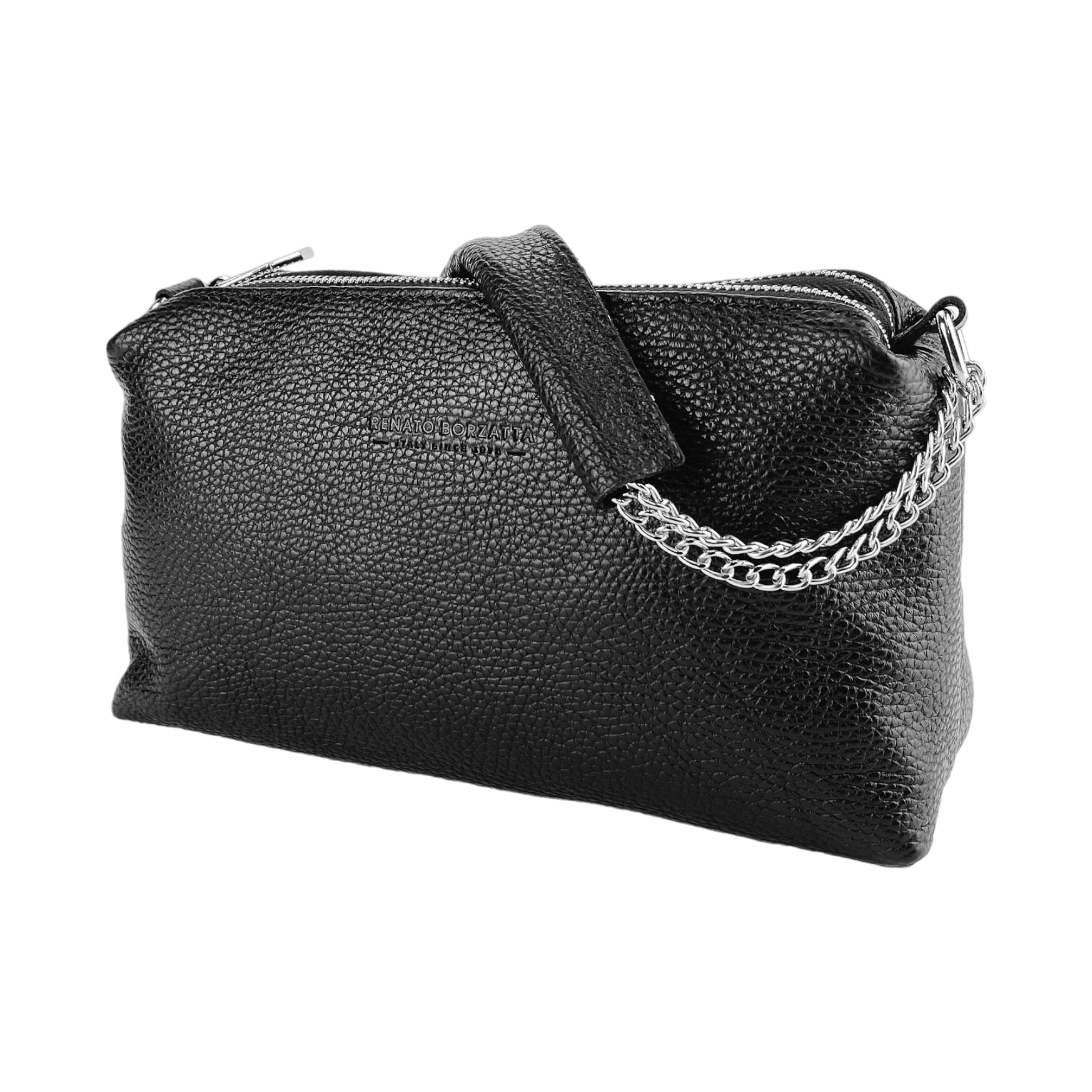 RB1025A | Women's Hand Bag with double zipper in Genuine Leather Made in Italy. Adjustable leather shoulder strap. Shiny Nickel hardware - Black color - Dimensions: cm 26 x 14 x 9