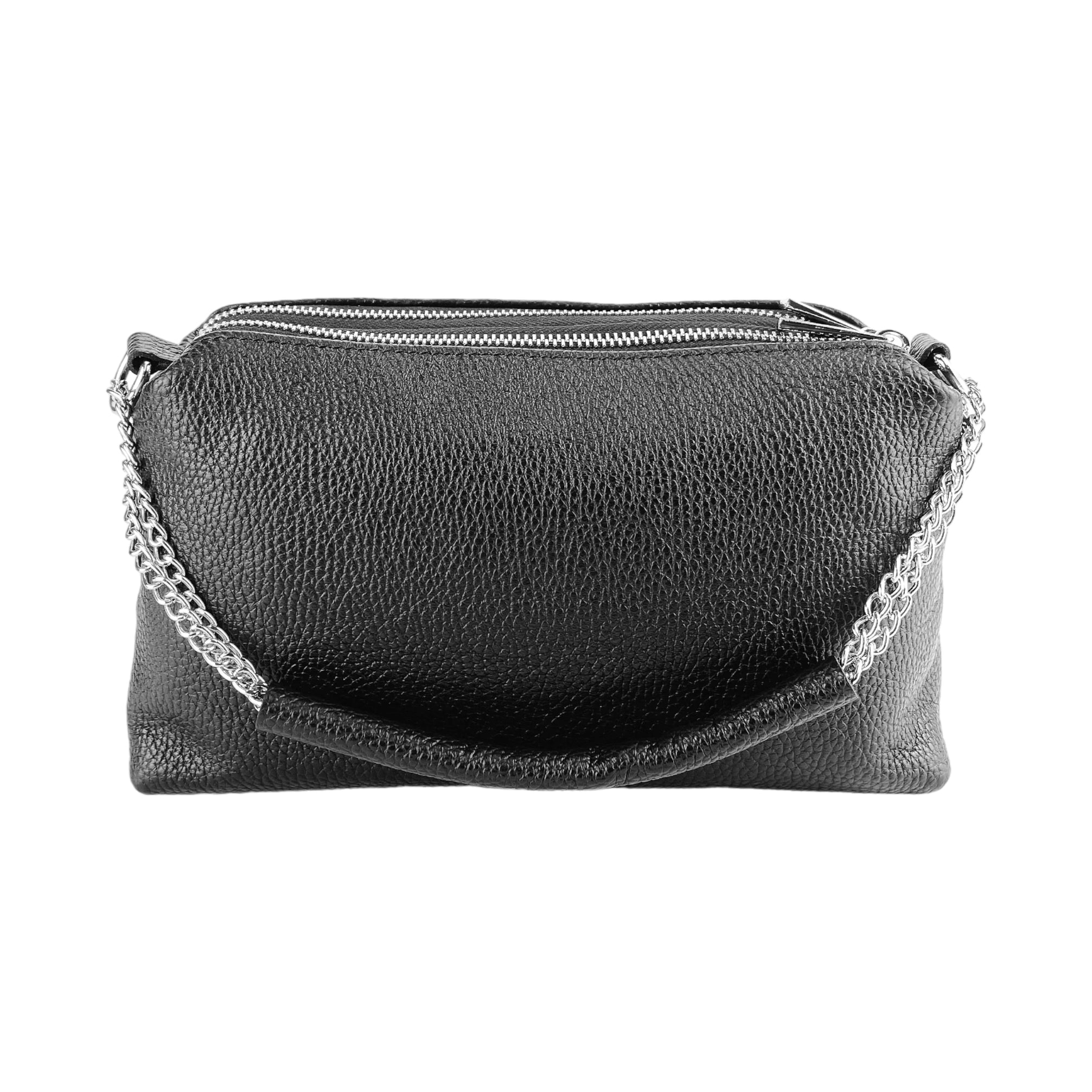 RB1025A | Women's Hand Bag with double zipper in Genuine Leather Made in Italy. Adjustable leather shoulder strap. Shiny Nickel hardware - Black color - Dimensions: cm 26 x 14 x 9