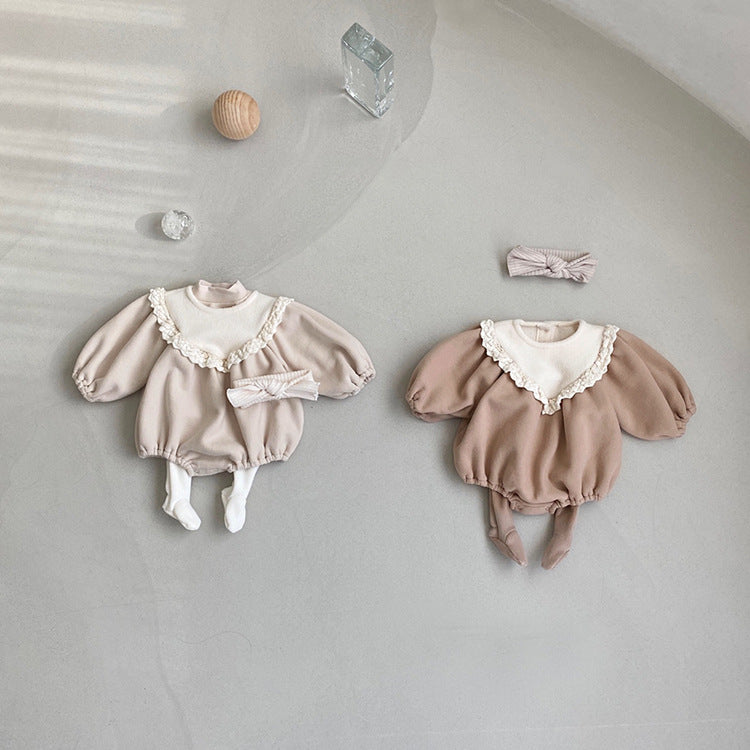 Baby Girl Solid Color Lace Collar Design Fleece Soft bodysuit