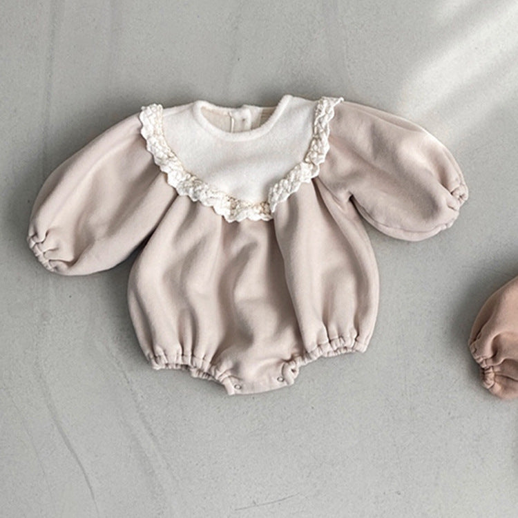Baby Girl Solid Color Lace Collar Design Fleece Soft bodysuit