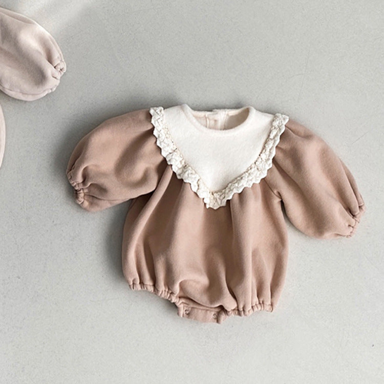 Baby Girl Solid Color Lace Collar Design Fleece Soft bodysuit