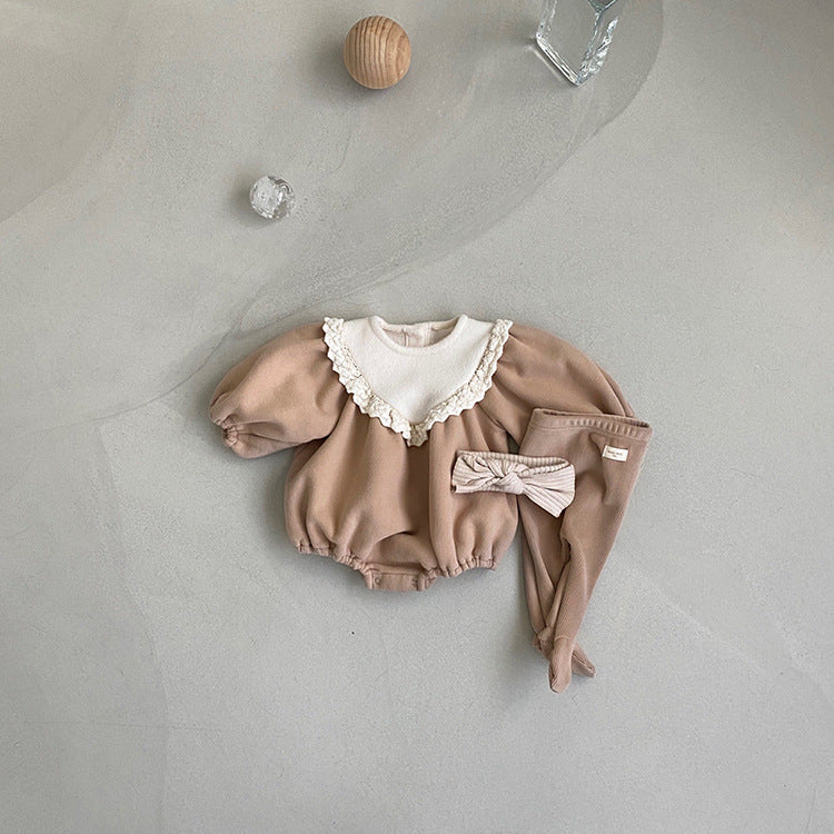 Baby Girl Solid Color Lace Collar Design Fleece Soft bodysuit