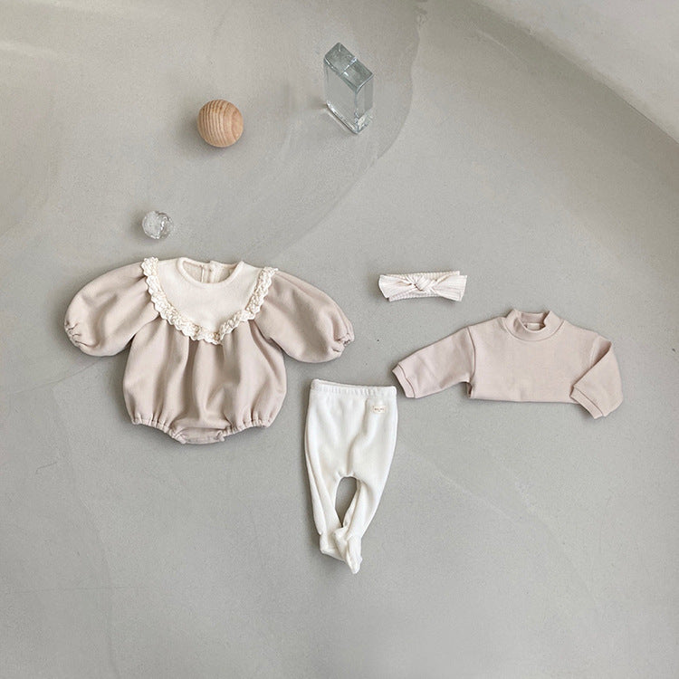 Baby Girl Solid Color Lace Collar Design Fleece Soft bodysuit